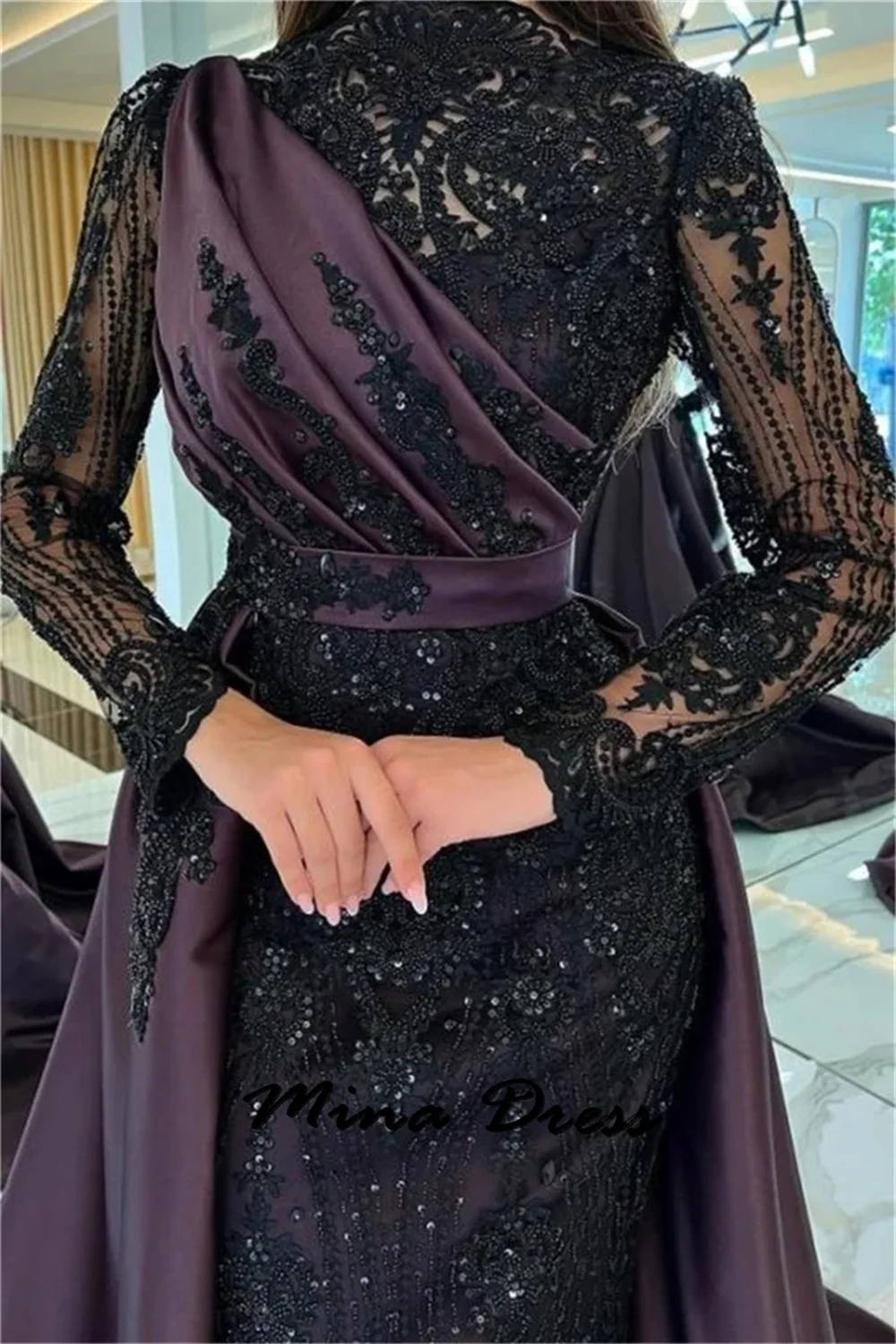 Mina Customized Crew Neck Long Sleeves Embroidered Evening Dresses Woman Elegant Formal Dresses for Women Evening Dress Prom