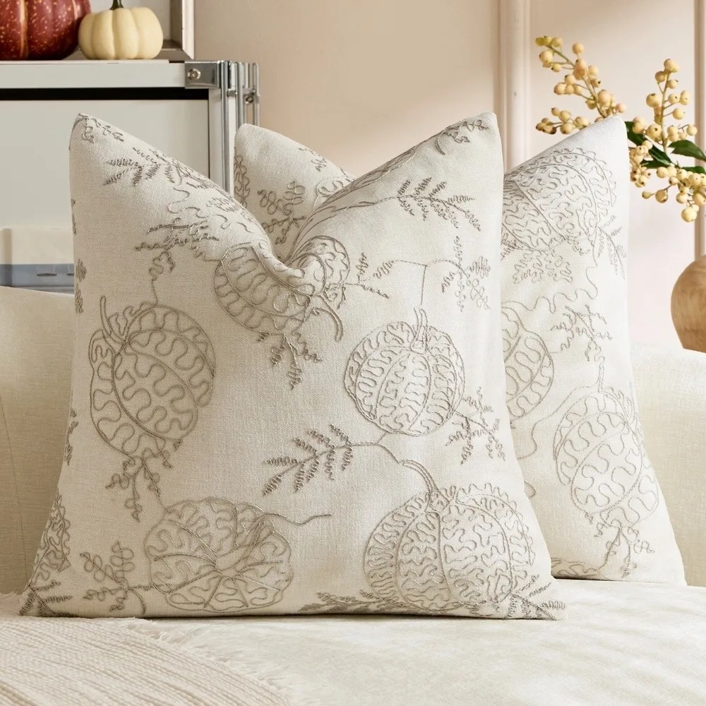 45*45CM Pumpkin Maple Leaf Pillowcases Soft Sofa Decor Halloween Pillow Covers String Embroidery Zippered Pillow Protectors