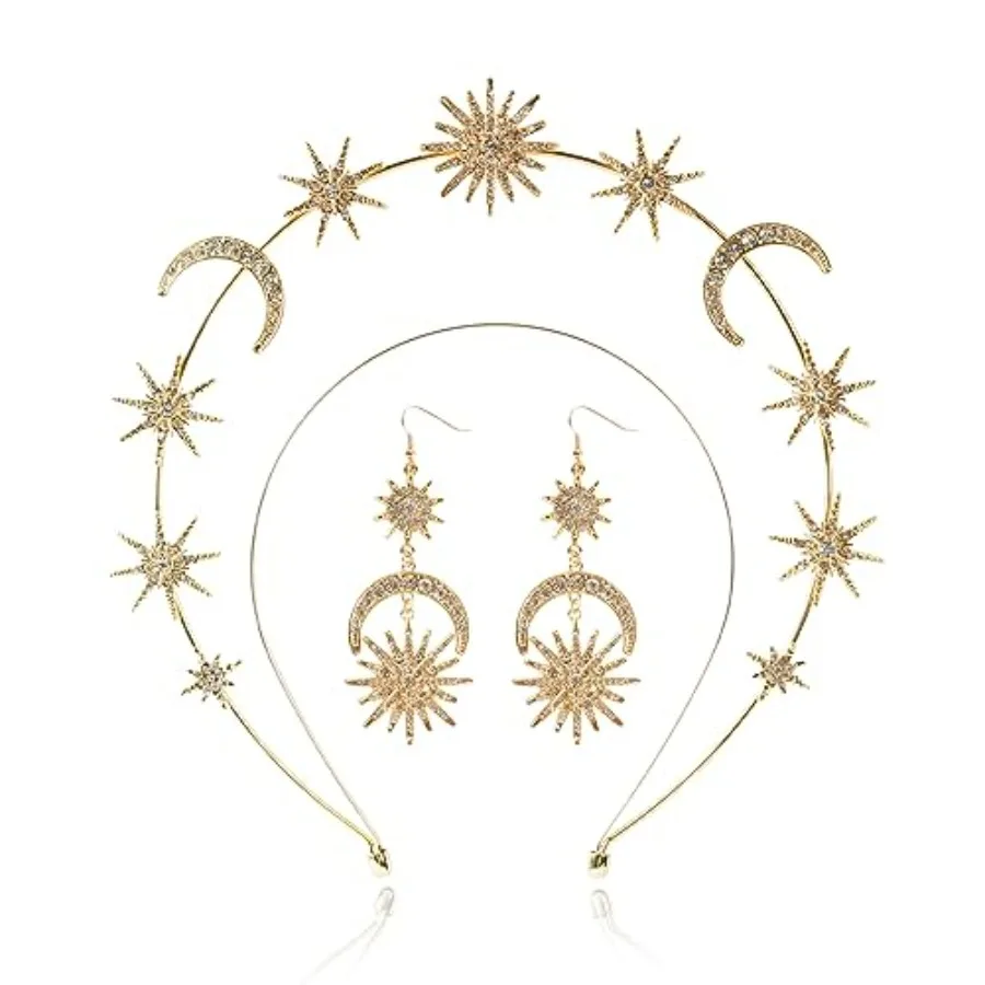 

Halo Crown - Stars Crystal Goddess HeadBand with Earrings Mary Metal Halo Headpiece Celestial Crowns Tiaras for Women Bridal We