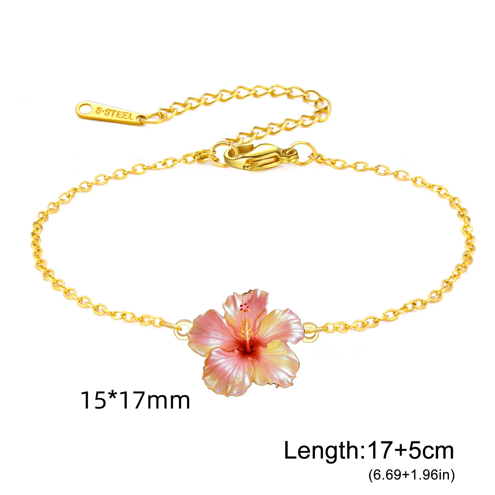Women's Gold Plated Pink Hibiscus Flower Bracelet