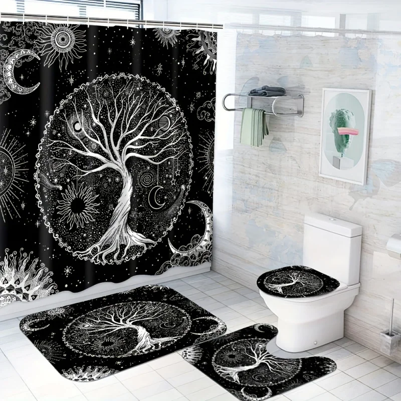 1/3/4pcs Dream Life Tree Pattern Shower Set, Waterproof Curtain With Plastic Hooks, Bathroom Rug, U-shaped Mat, Toilet C