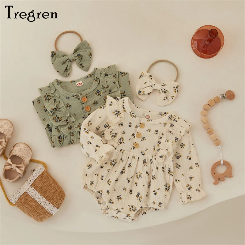 

Tregren 0-12M Newborn Baby Girl Romper Casual Long Sleeve Crewneck Floral Print Bodysuit with Headband Spring Summer Outfits