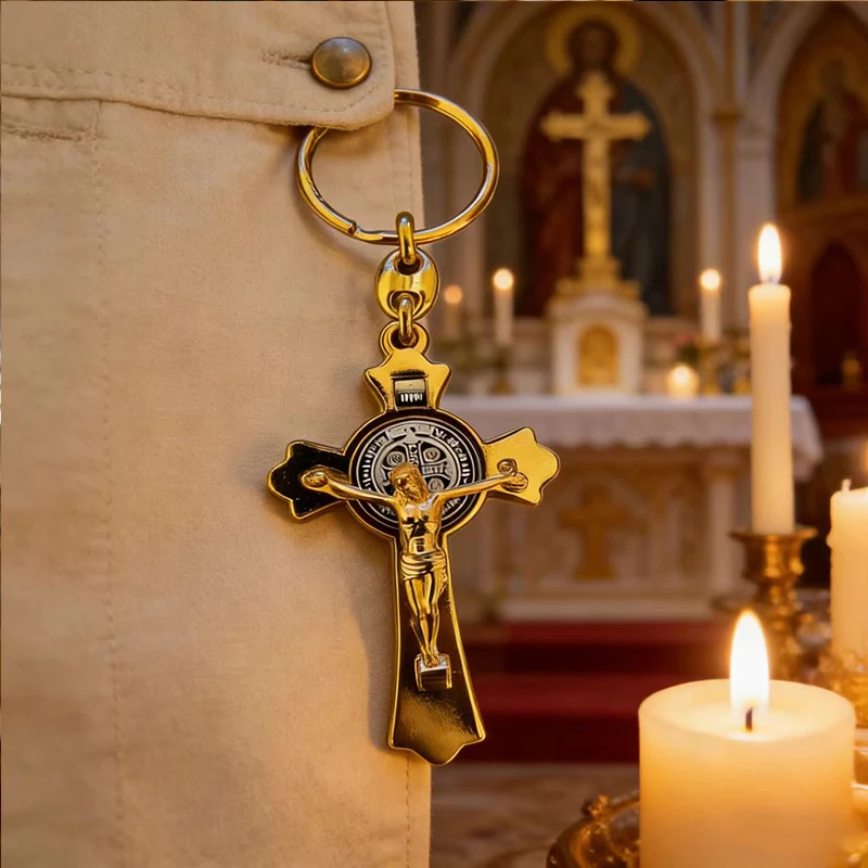 Premium Gold-Plated Catholic St Benedict Crucifix Keychain with INRI Engraving for Spiritual Protection and Daily Carry Accessor