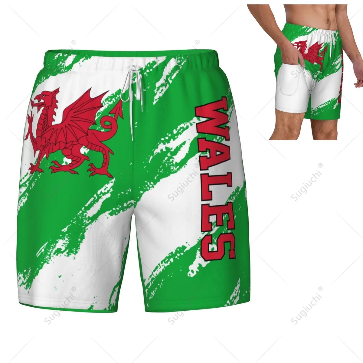 Wales Flag 3D Mens Swimming Beach Surfing Pants Swim Shorts Trunks Compression Liner 2 in 1 Quick-Dry