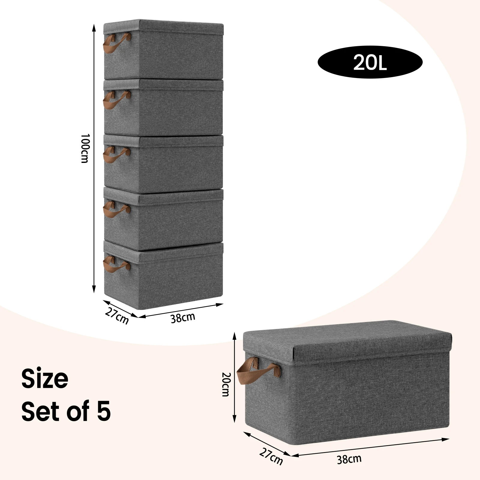 WOLTU 3/5 Stück faltbare Stoff-Aufbewahrungsbox mit Deckel und Griffen, 20/27/36/51 l, große Box, Tasche, Korb, Organizer für Bettdecken, Kleidung, Spielzeugbox