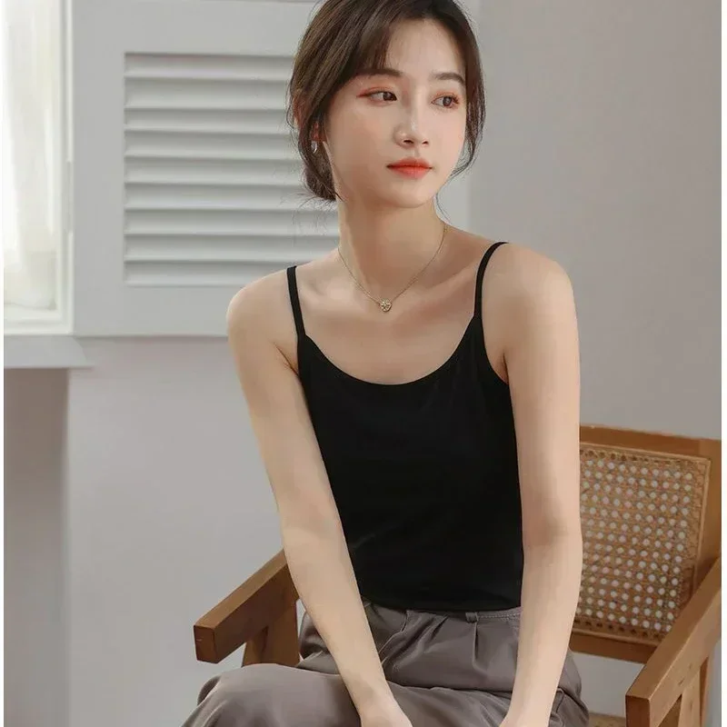 Women Solid Color Camisoles Summer Girl Sexy Strap Cotton Sleeveless Thin Camisole Vest Top Simple Base Vest Tops Female Undies