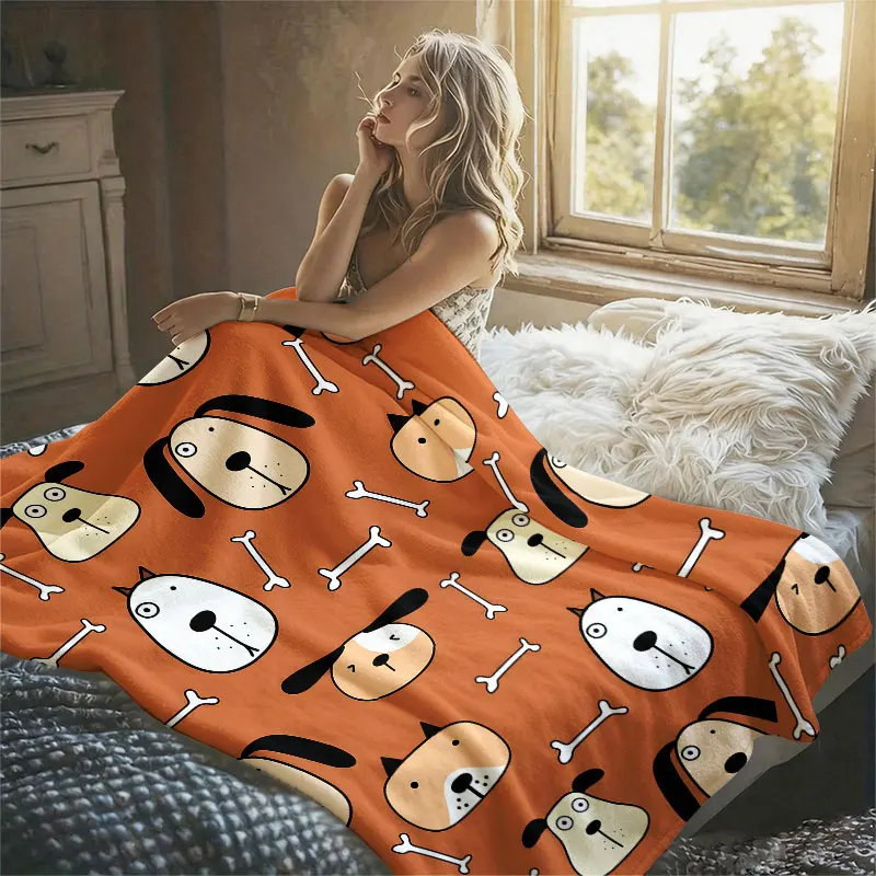 Cartoon Dogs Bones Orange Flannel Blanket Perfect for Sofa Office Bed Travel Sleep Read Relax Camping Four Season Use