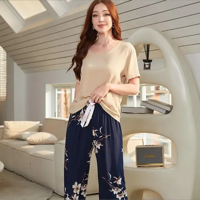 Breathable 2PCS Pajama Short Sleeve Printed Pijama Mujer Femme Loose Nightwear Suit Female Casual Homewear Pajama Set For Women