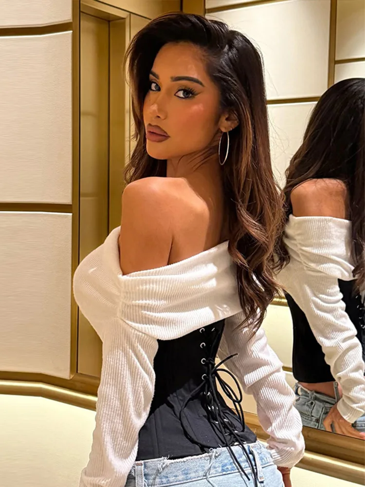 

One Shoulder Top Women Cinched Waist Long Sleeve Fake Two-Piece Tops Party Elegant Single Breasted Short Chic Women's T-Shirt