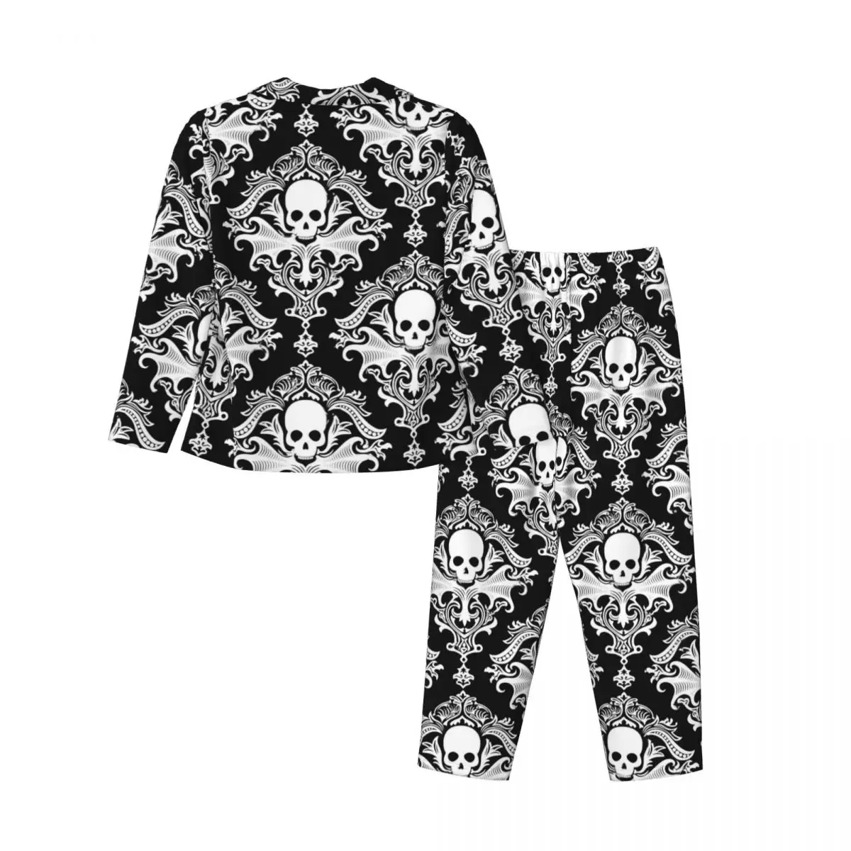 Gothic Skulls Print Pajama Sets Spring Retro Damask Kawaii Daily Sleepwear Female Two Piece Loose Oversized Printed Nightwear