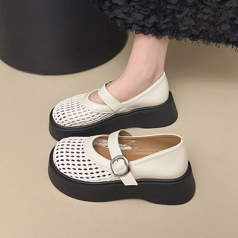 

Женская повседневная обувь, лоферы на толстой подошве, маленькие кожаные туфли Мэри Джейн, модная дышащая модная обувь из тканой британской сетки в стиле ретро