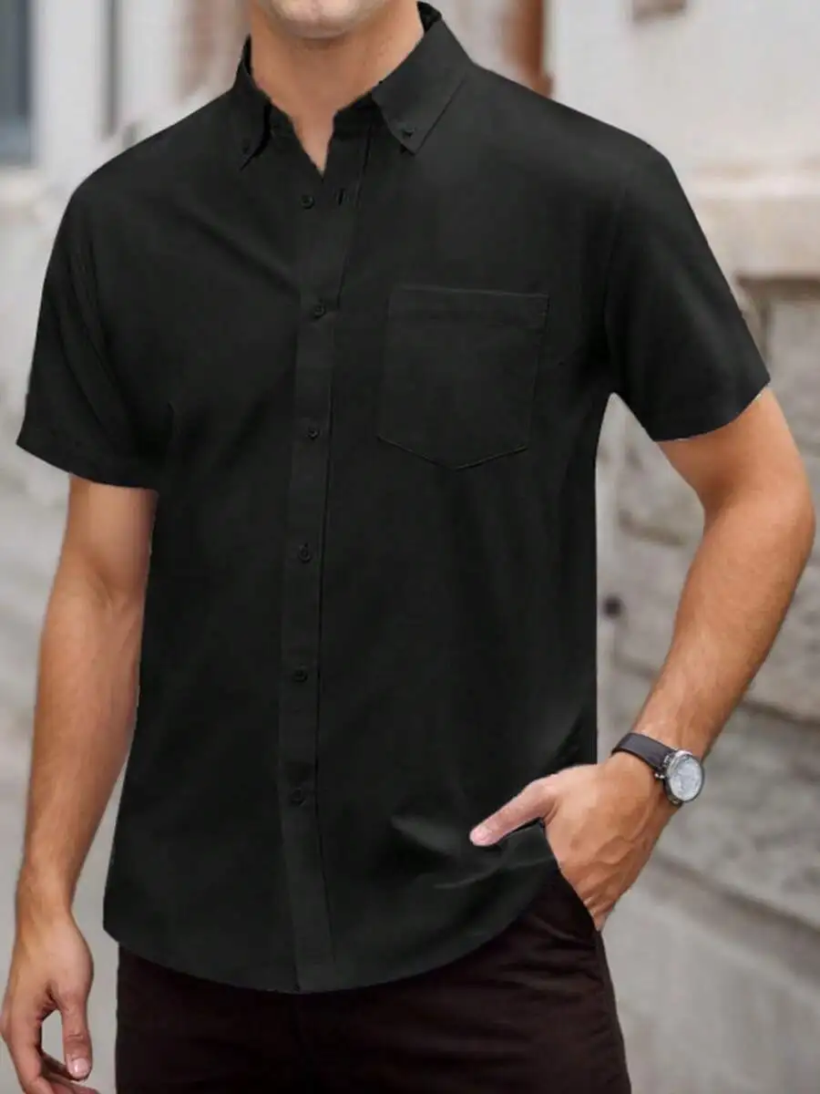 

Mens Solid Color Short Sleeve Button Up Shirt With Chest Pocket