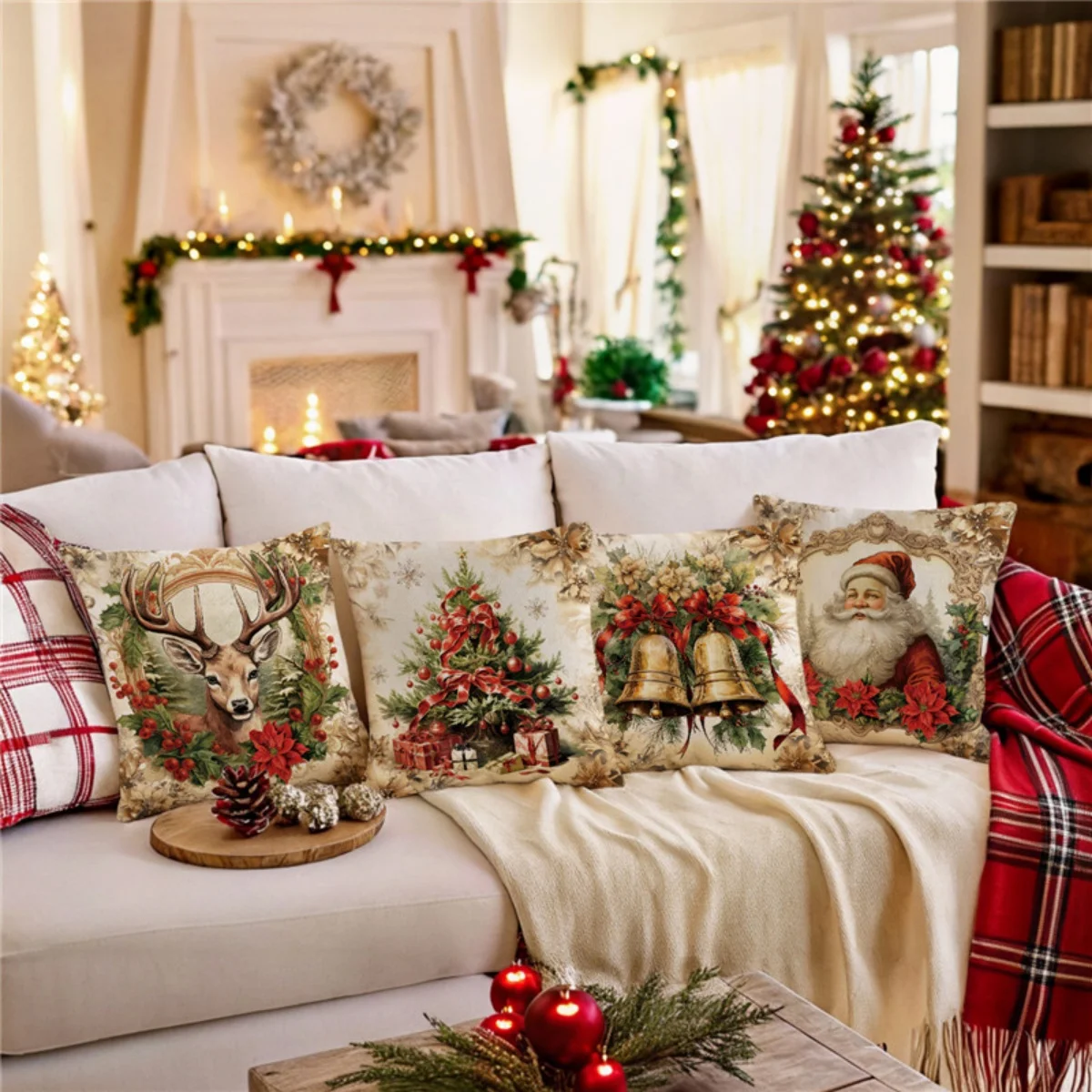 Vintage Golden Frame Christmas 4Pcs Throw Pillow Covers, Home Decor Cushion Cases for Sofa Bedroom