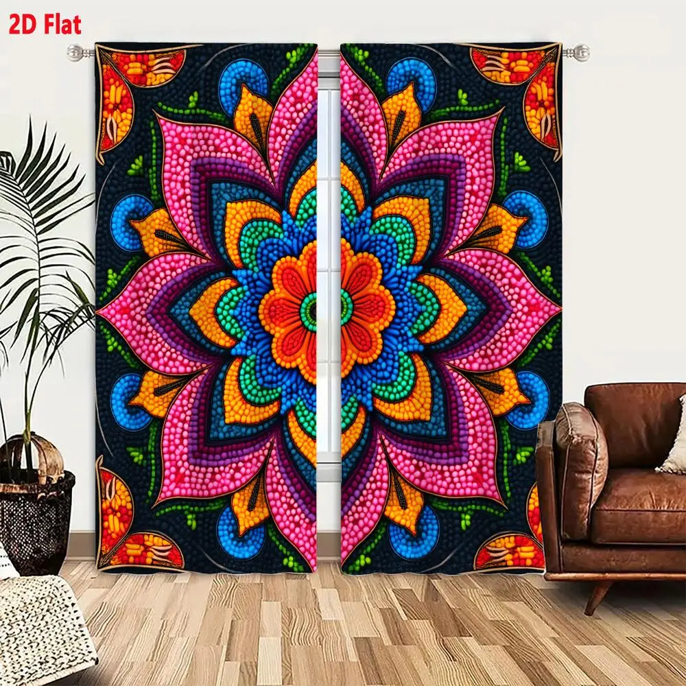 2Pcs Curtains Add 2D Flat Vibrant Mandala Flower With Beadwork Style Pointillism Symmetrical Pattern In Pink Blue Green Yellow O