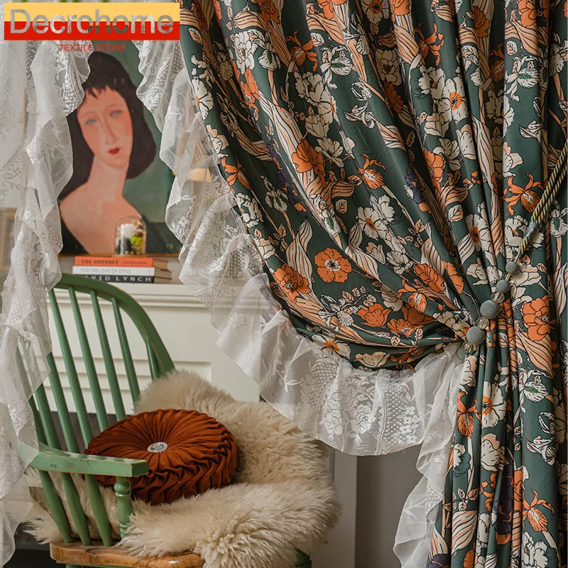 Pastoral Oil Painting Retro Printed Flannelette Lace Patched Curtains for Living Room Bedroom French Window Balcony Window