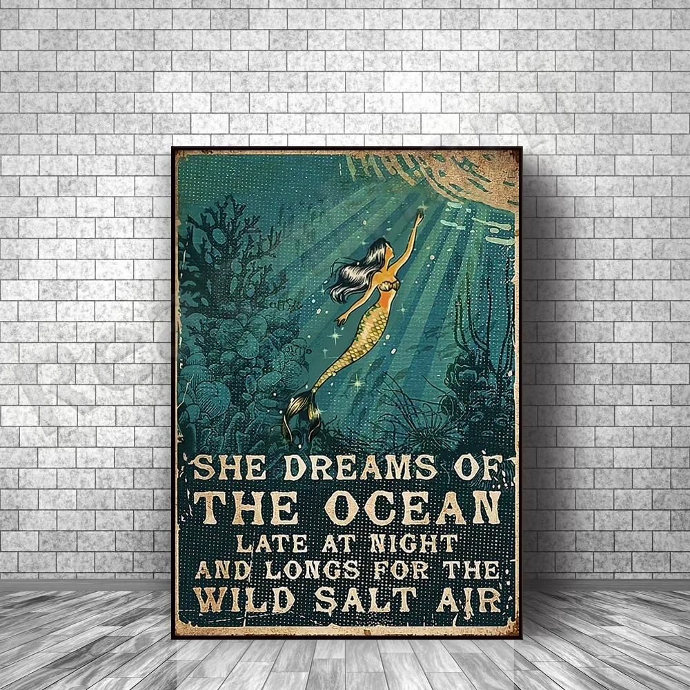 Mermaid poster, mermaid dreaming of the ocean late at night, longing for wild salt air, retro mermaid lover gift poster