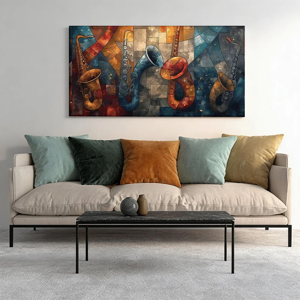 

1pcwooden frame canvas decorative painting Stained-glass style art, saxophones.Corridor, Living Room Decoration