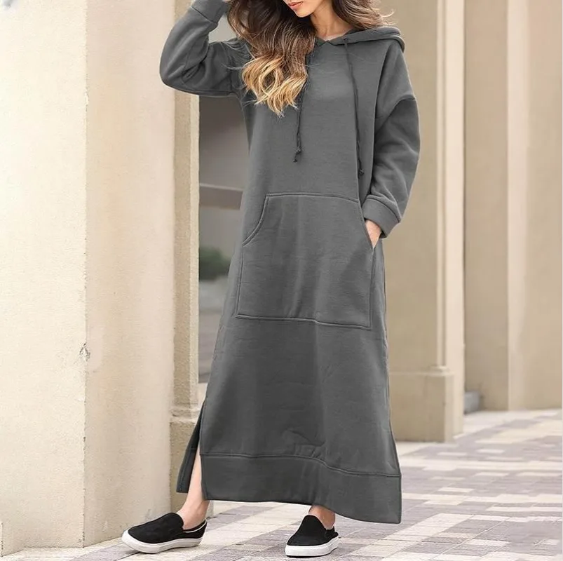 

Solid Color Hoodies Dress for Women Fashion Maxi Robe Hooded with Large Pocket Long Vestidos Winter Warm Loose Sweatshirt Dress