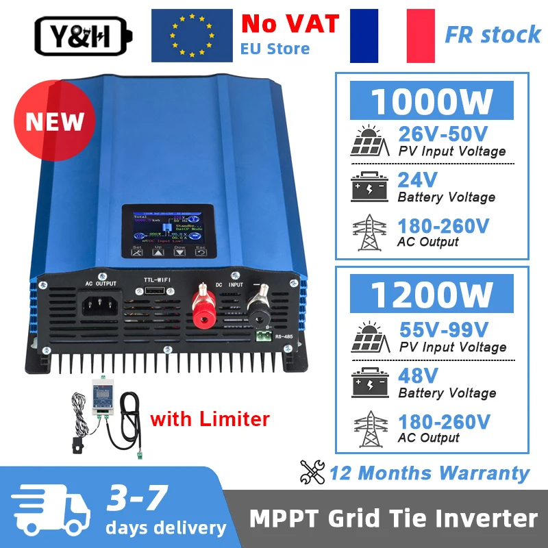 Y & H MPPT onduleur de liaison au réseau 1KW 1.2KW avec capteur limiteur LCD DC 24V 26-50V/48V 55-90V Mode de décharge de batterie onduleur de liaison au réseau