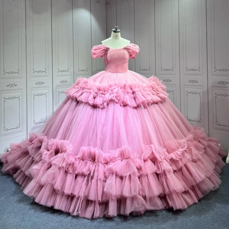 

Pink Shiny Quinceanera Dresses Ball Gown Off The Shoulder Tiered Tull Party Birthday Sweet 16 Dress Vestidos 15 De Anos