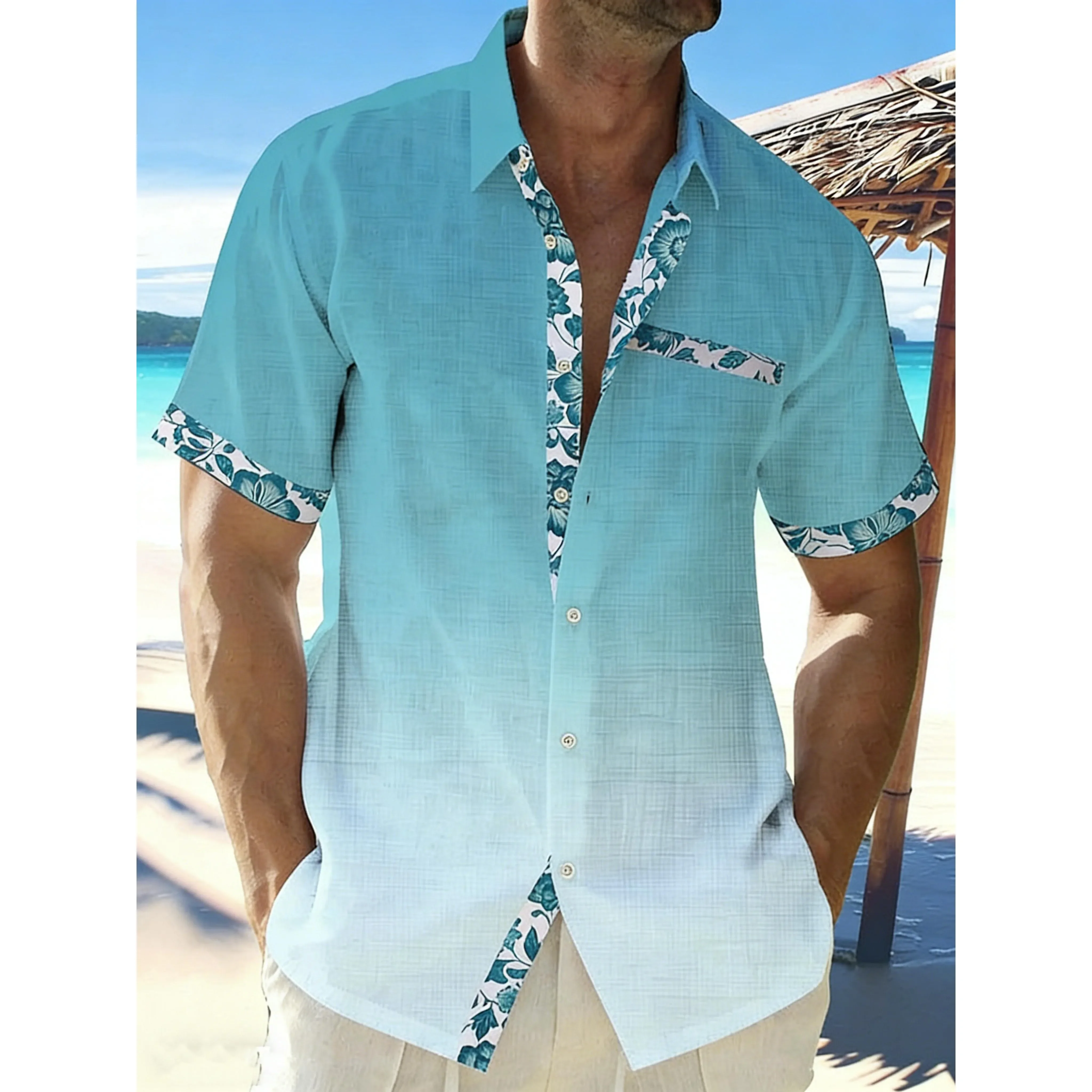 

Men's Short Sleeved Shirt Hawaii Shallow Beach Shirt Men's Bamboo Print Casual Shirt