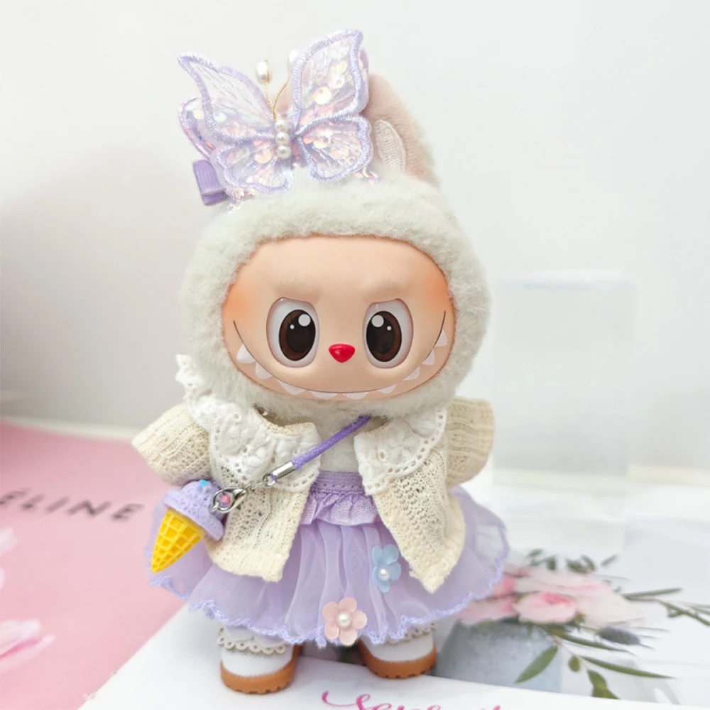 Dress Set For 17cm Labubu Ropa Mini Doll Clothes Flower Fairy Dress Trendy Clothes Outfit With Hat Shoes