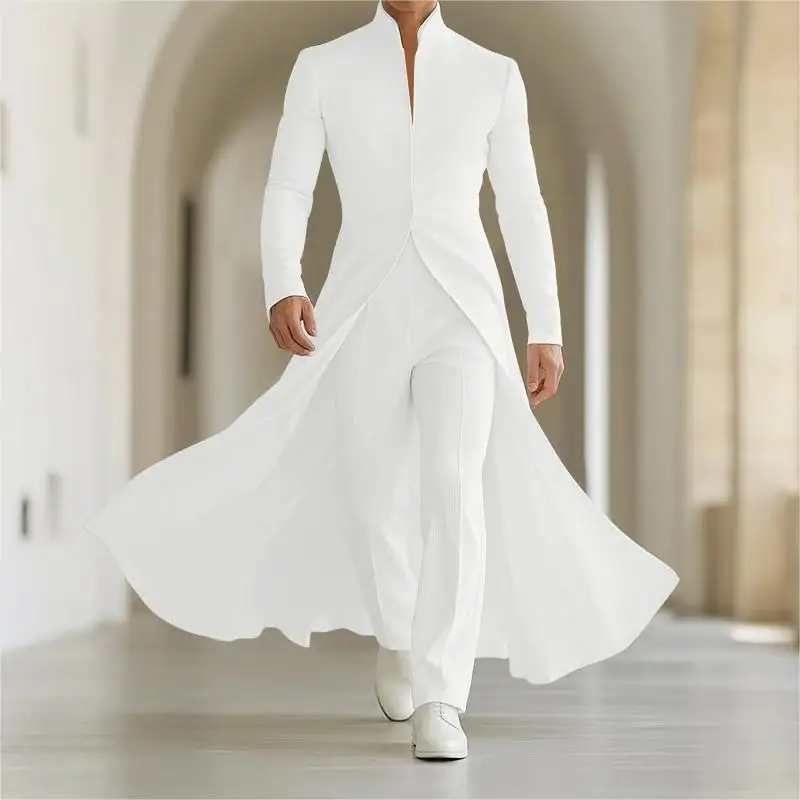Men Stand Collar Reversible Long Suit Jacket One Button Waist Cinched A-Line Maxi Formal Coat Banquet Outfit, Pants Not Included