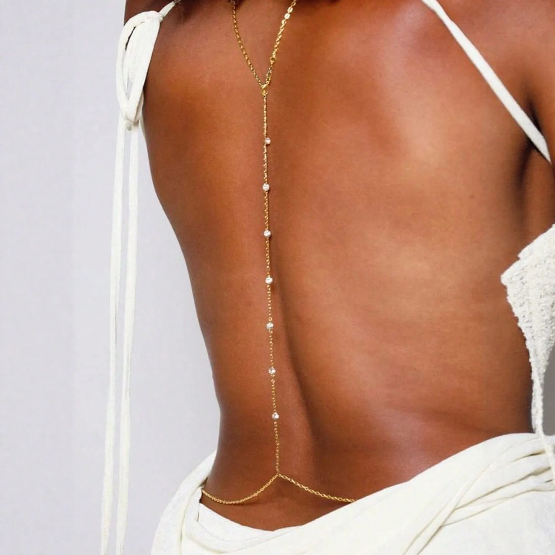 Back Draping Drop Body Chain Sparkling Crystal Accents Backdrop Necklace Delicate Gold Tone Summer Bridal Jewelry Accessory