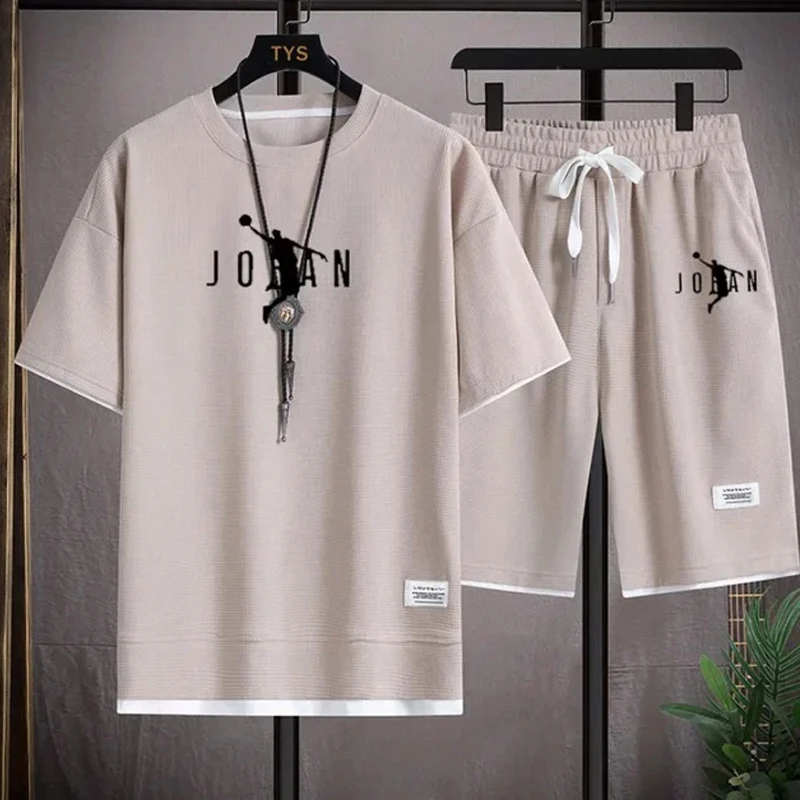

Summer Men's Fashion Leisure Sports Loose Joggers Quick-Drying Breathable T-Shirt Waffle Short Sleeve Shorts Printed Set