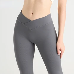 Ribbed Knited Leggings Women Cross Waist Slim Tights Seamless Sexy Hip Liftting Pants Gym Workout Running Stretchy Yoga Pants