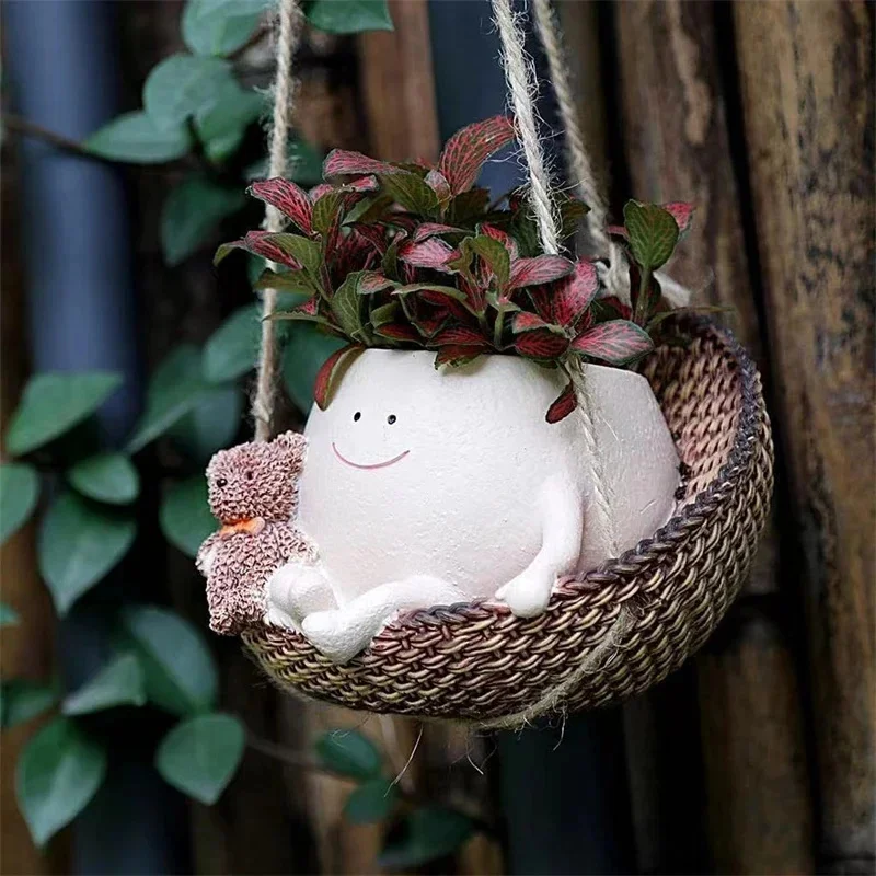 Mini Succulent Pot Holder Resin Garden Ornament Cute Creative Smiley Swing For Balcony Patio Desk Decoration Housewarming Gift