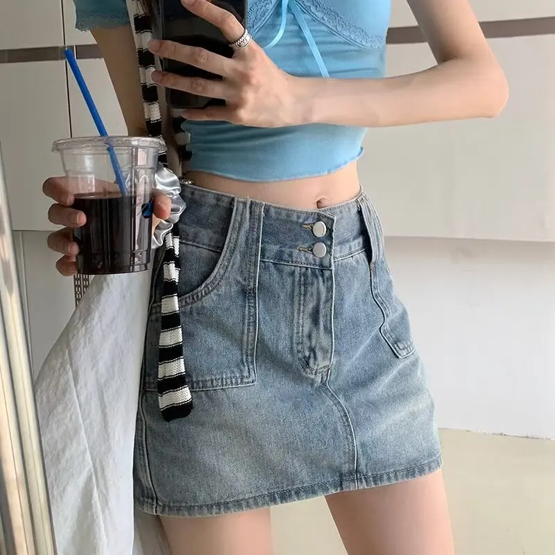 

Короткая женская юбка, тонкий стиль, стиль Instagram, новый дизайн, двойная пуговица, завышенная талия, антибликовый, ретро-джинсовый А-л