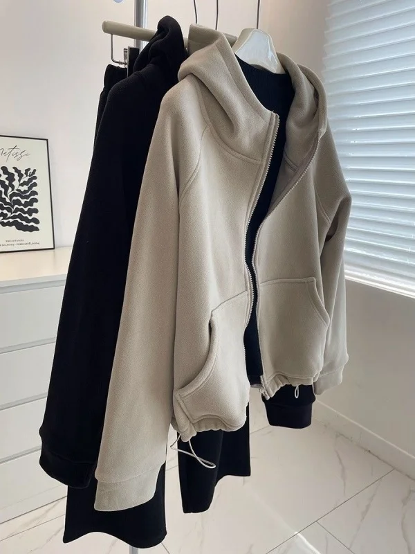 

Retro Japanese Style Thickened Fleece Hoodie Jacket Women's Winter Slimming Small Size Casual Zipper Shirt Warm Cozy Sweatshirt