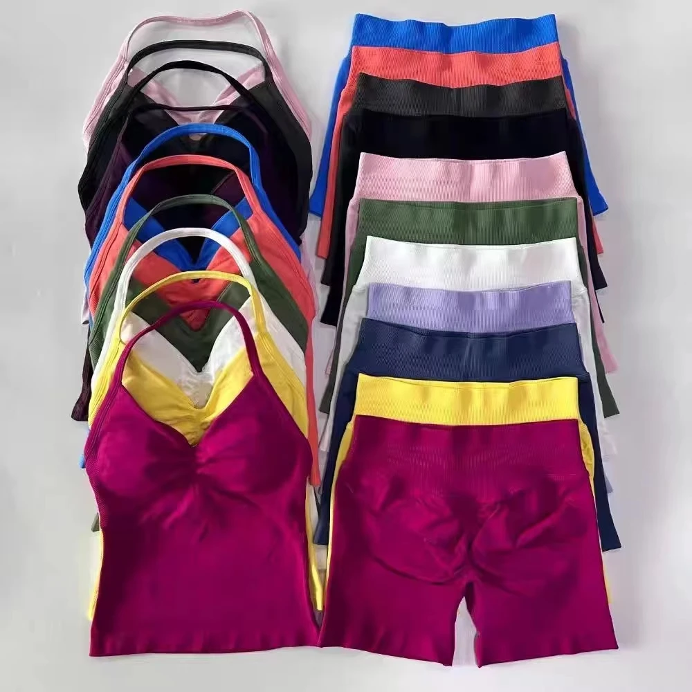

1-2 Pieces Sport Set Women Backless Tank Tops High Waist Scrunch Seamless Shorts High Waist Scrunch Yoga Leggings Sport Suit Gym