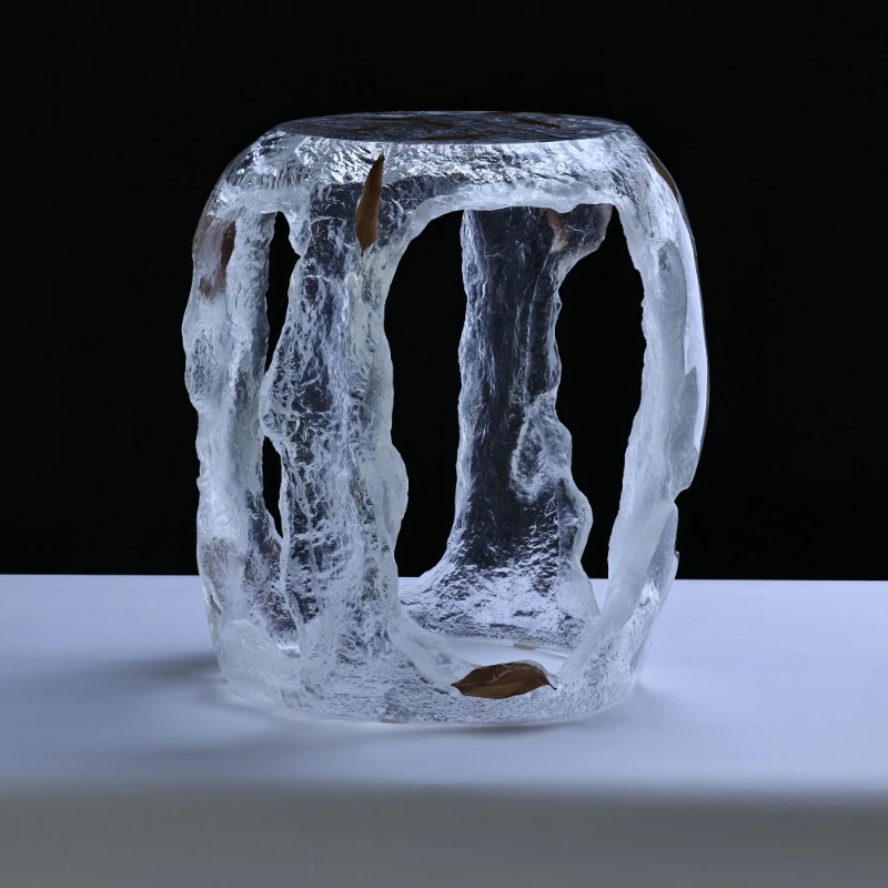 

Luxury Antique Drum Stool Top Quality, Clear Glitter Acrylic (Non-Epoxy) Embedded Botanical Art Decorative Furniture