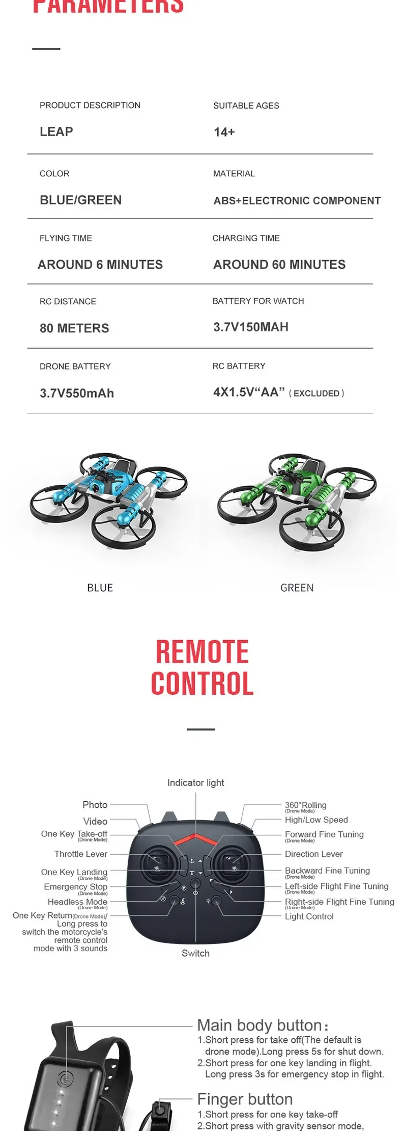 Motor en vliegtuigen 2 IN 1 Land Air RC Vliegende motorfiets Gebaar Horloge afstandsbediening wifi fpv drone met 4K hd camera WIFI