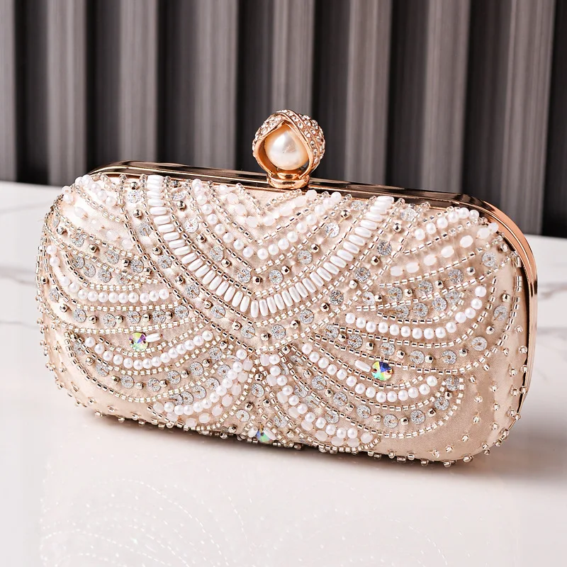 

Rhinestone & Pearl Embellished Clutch Bag - 3 Colors (Champagne/Black/Silver) Evening Purse for Wedding, Party & Formal Events