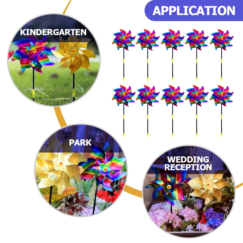 10 Uds. Molinetes de molino de viento para molinos de viento de patio y jardín, juguetes para niños, plástico reflectante para mascotas para niños