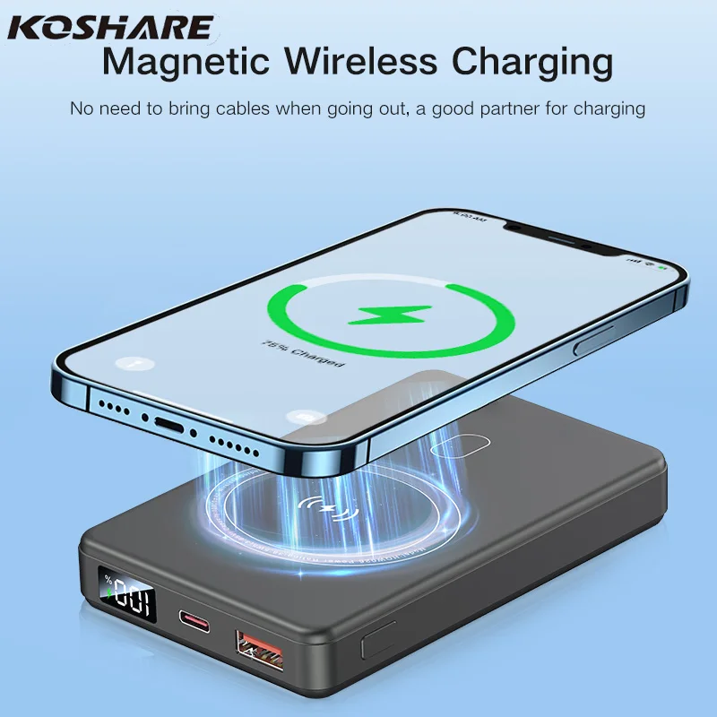 

KOSHARE Portable lithium-ion charger with LED charging indicator light Outdoor mini magnetic wireless power bank