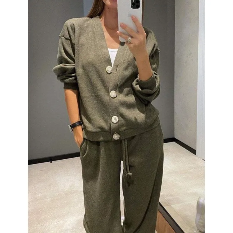 

Pant SetsElegant V-neck Long-sleeved Single-breasted Cardigan Top Pant 2 piece Set Women Fashion Color Autumn Sports Suit Female