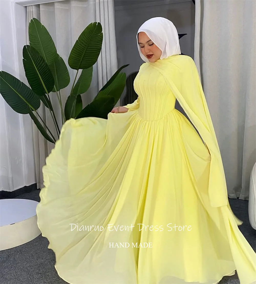 Dianruo robe De soirée en mousseline De soie jaune musulman col rond plissé longues robes De bal modeste une ligne arabie robes De Fiesta personnalisé