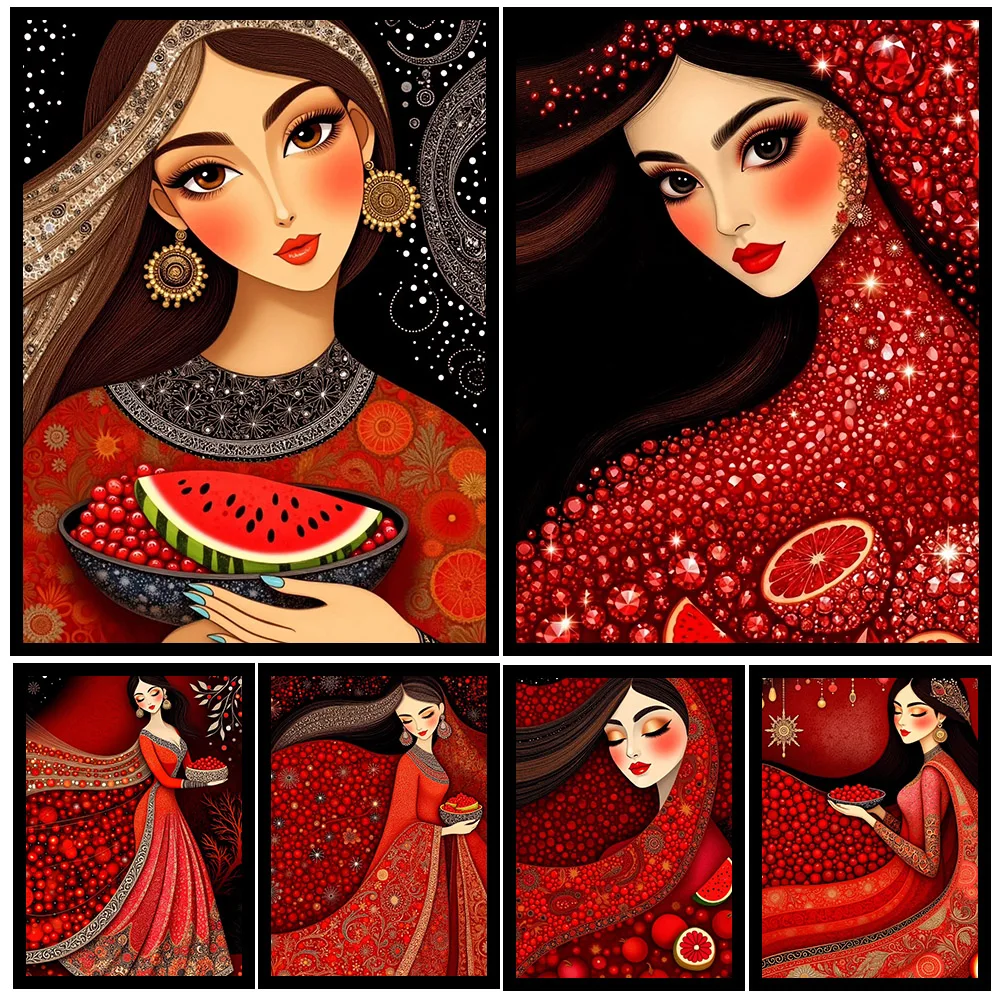 Exotic Persian Woman Art Poster Prints,Rich Red Ethnic Girl Canvas Wall art,Exotic Oriental Woman Wall Art For Living Room Decor
