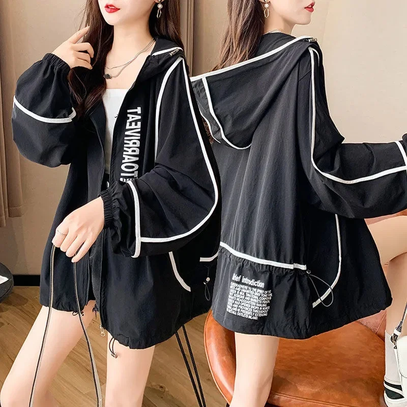 2024 New Korean Fashion Oversized Long Sleeve Hooded Jacket Women Thin Coat Summer Jacket Beach Outdoor Sun Protection Clothing