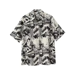 Men Street Fashion Spring and Summer Daily Shirt Hawaiian Cartoon Print Casual Loose Shirts Short Sleeve Beach Loose Tops