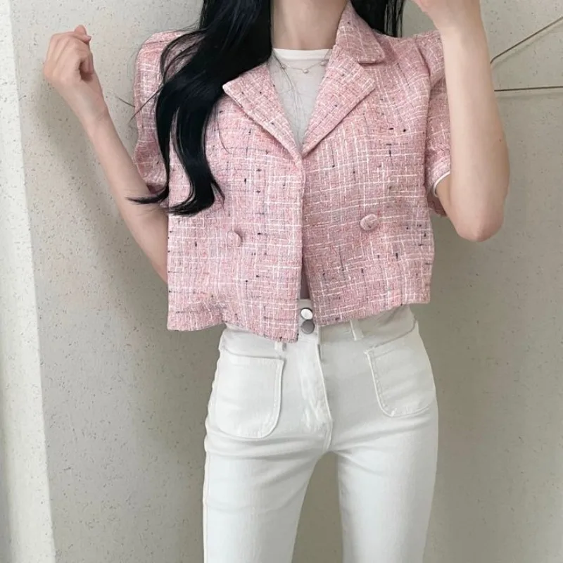 Neploe Elegant Fashion Notched Collar Coat Women Y2k E-Girl Short Sleeve Tops Mujer 2024 Spring New Slim Fit Tweed Jackets