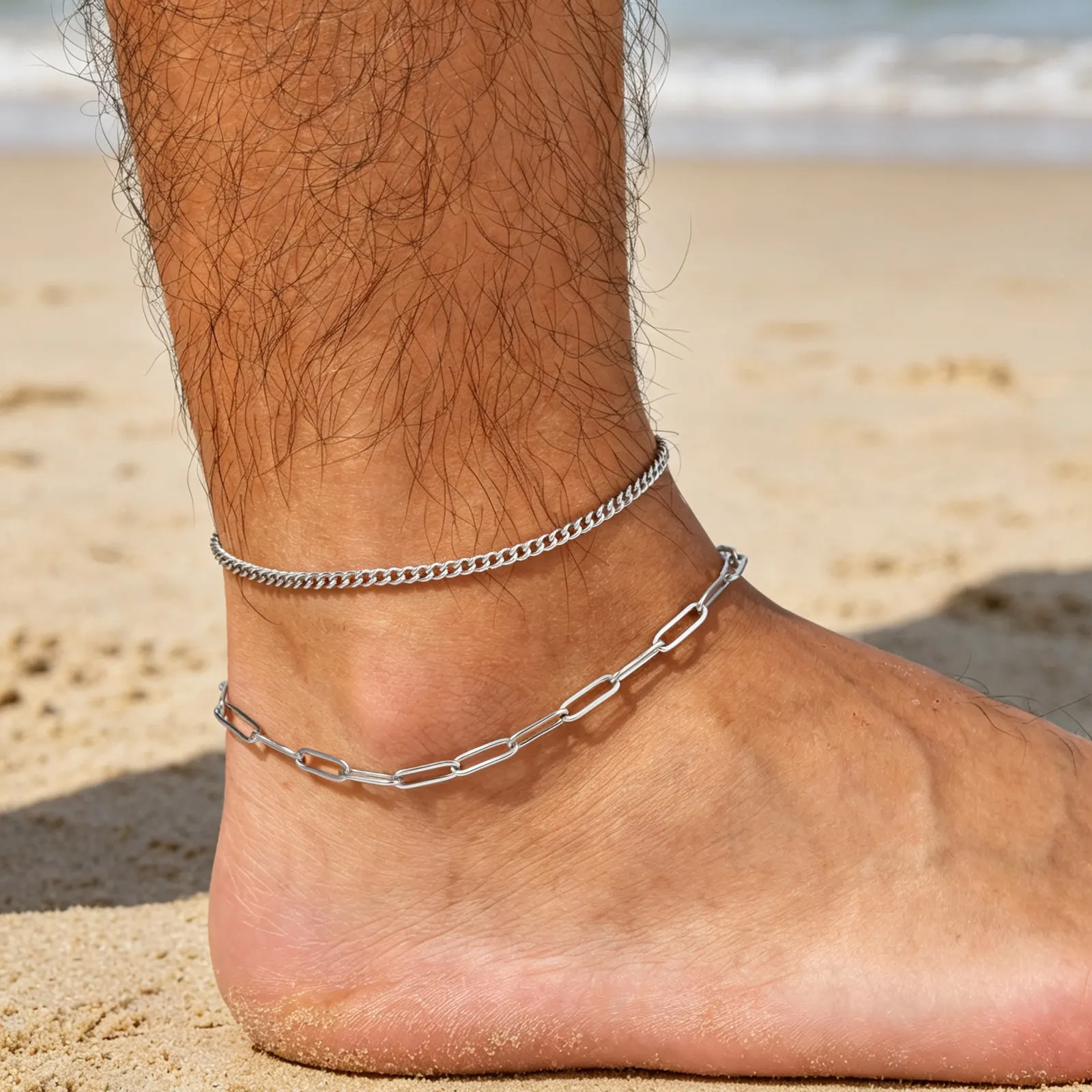 2 Stück Herren-Ketten-Fußkettchen, Hip-Hop Wasserdichtes Edelstahl Kubanisches Gliederarmband, Sommer-Strandschmuck für Jungen und Männer – Detail 2