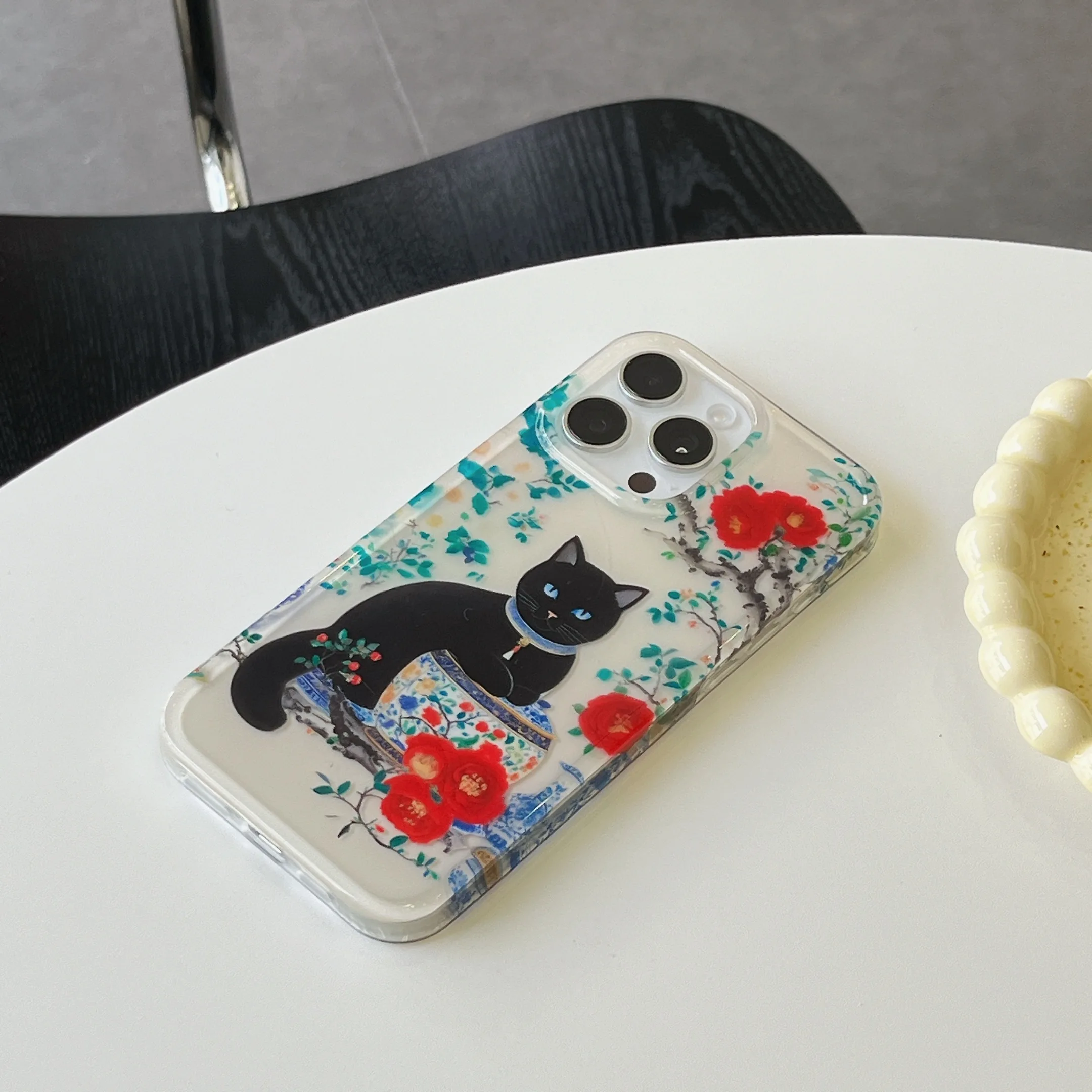 Artistic INS Black Cat & Porcelain Dual Layer Lucky Bag Dangle Phone Case for iPhone 16 15 14 13 Pro Max Back Phone Cover Capa