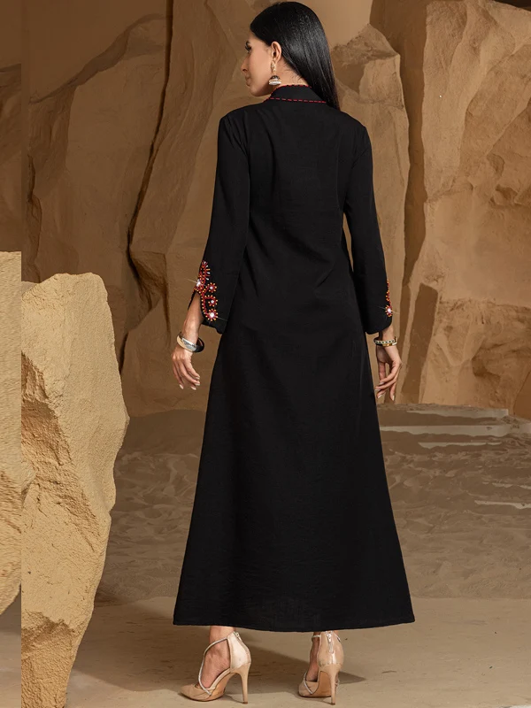 엘레 블라 비즈 장식 브이넥 미디 드레스 빈티지 스타일 휴가복 중동 여성 패션 3/4 길이 A라인 드레스