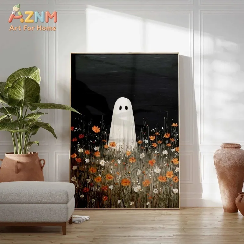 Ghost in Orange Wildflower Meadow, Halloween Canvas Frameless Poster, Vintage Art Print for Autumn Living Room Home Wall Decor