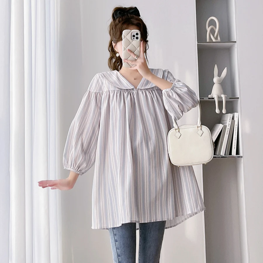 

710# 2024 Autumn Spring Fashion Vertical Striped Maternity Blouses Sweet Loose Shirts Clothes For Pregnant Women Pregnancy Tops